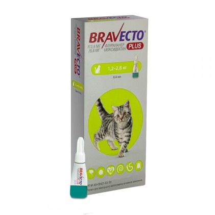 Bravecto PLUS spot-on Капли на холку от блох, клещей и глистов для кошек весом от 1,2 до 2,8 кг