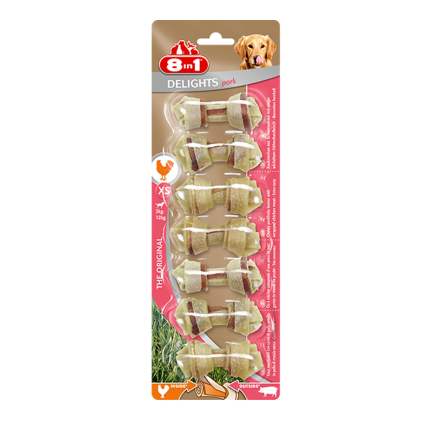 8in1 Delights Pork XS Кістка для чищення зубів у собак з свинячої шкіри і м'ясом курки (упаковка 7 шт)
